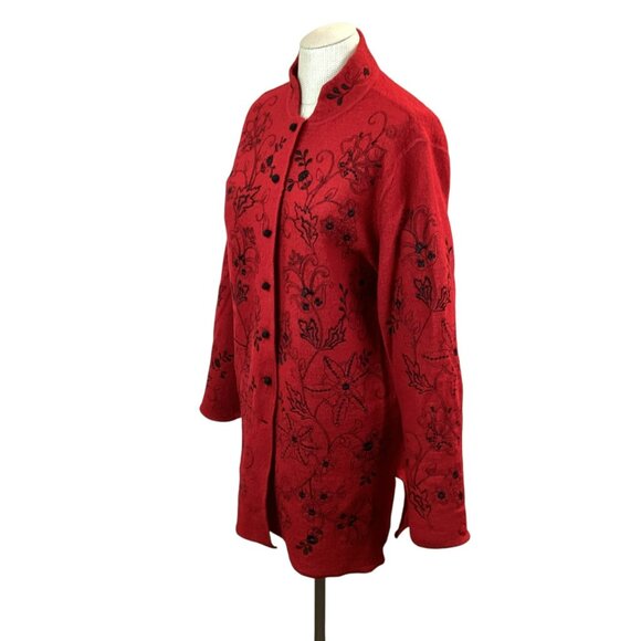 Carole Little Red Wool Floral Embroidered Coat Womens Large Jacket - Picture 3 of 8
